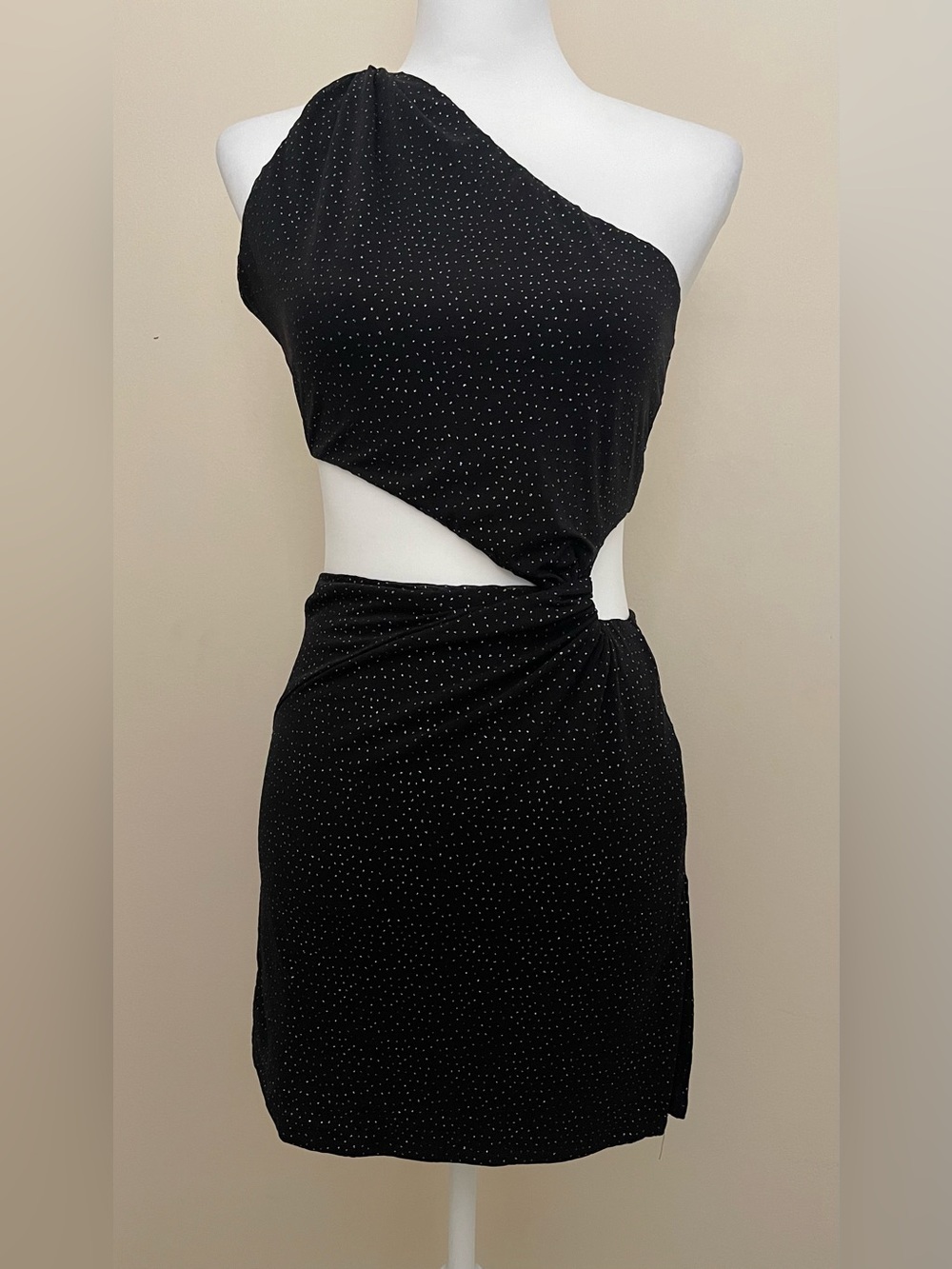 SHEIN Black One-Shoulder Cutout Mini Dress w/Back Tie & Silver Sparkles, Size M